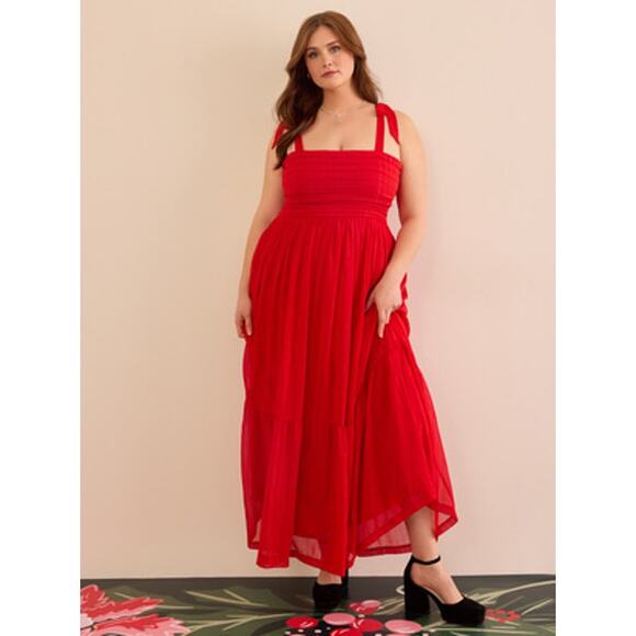 ARULA Dresses & Skirts - NEW Arula Willow Red Maxi Dress 0X Smocked Valentines Tie Straps Date Night